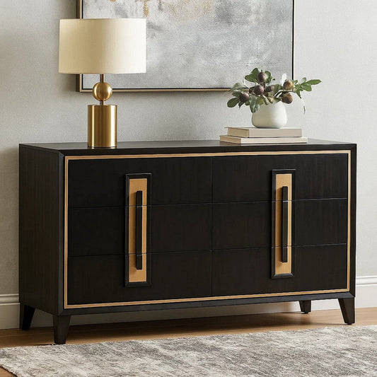 Yada Wide Dresser | 6 Drawers | Espresso Brown Solid Wood | Gold Metal