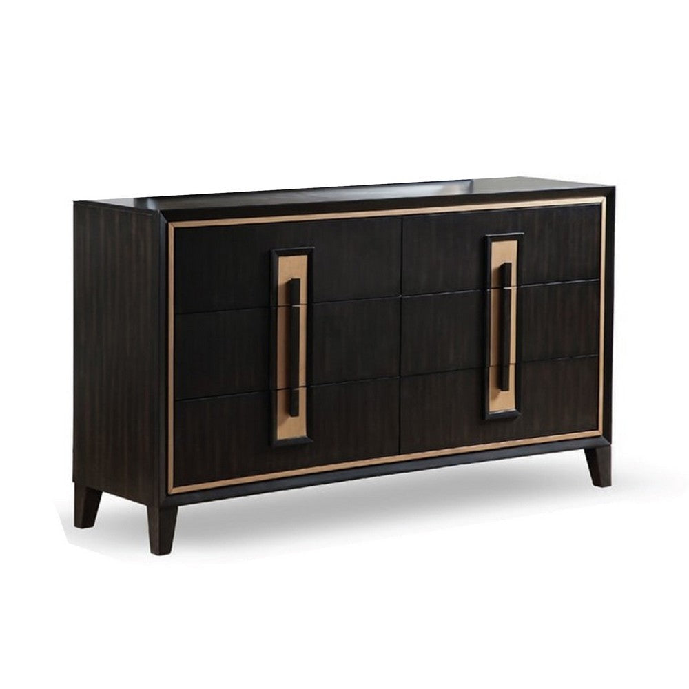 Yada Wide Dresser | 6 Drawers | Espresso Brown Solid Wood | Gold Metal BM340916