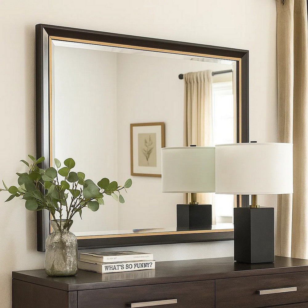 Yada Dresser Mirror | Beveled Glass | Espresso Brown Wood | Gold | 39x48 BM340917