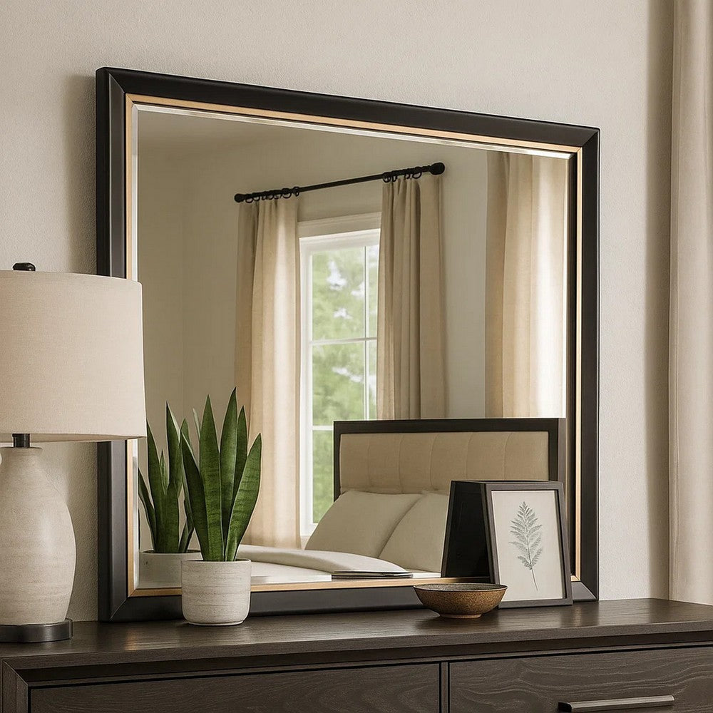 Yada Dresser Mirror | Beveled Glass | Espresso Brown Wood | Gold | 39x48