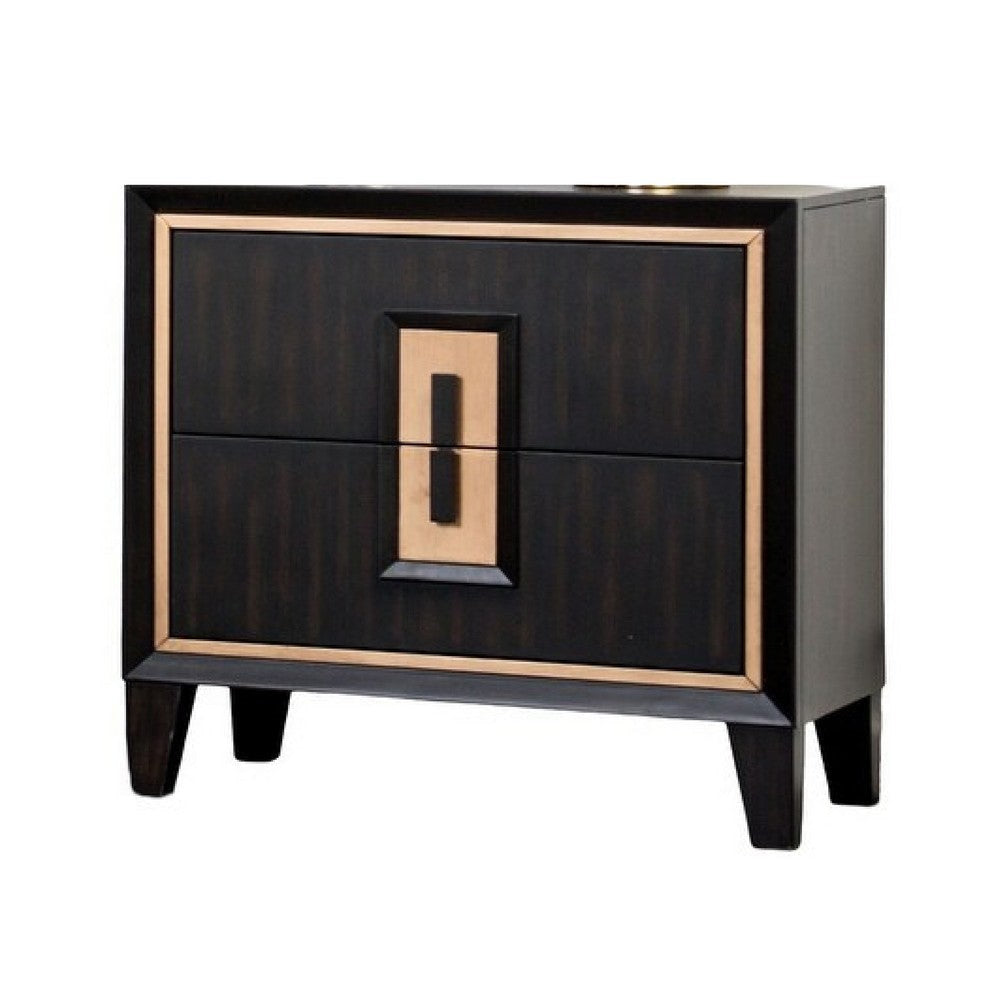 Yada Nightstand | 2 Drawers | Espresso Brown Solid Wood | Gold | 27’’ BM340918