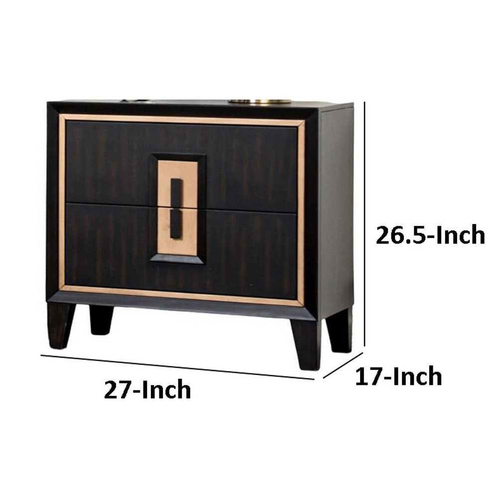 Yada Nightstand | 2 Drawers | Espresso Brown Solid Wood | Gold | 27’’ BM340918