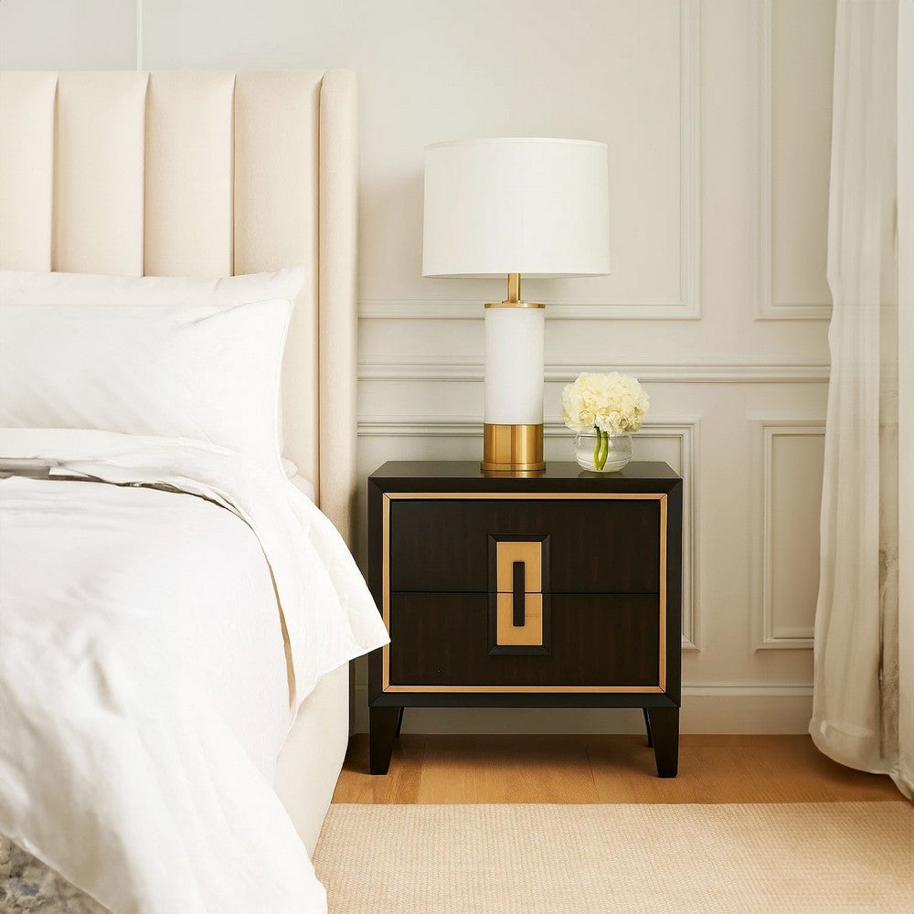 Yada Nightstand | 2 Drawers | Espresso Brown Solid Wood | Gold | 27’’ BM340918