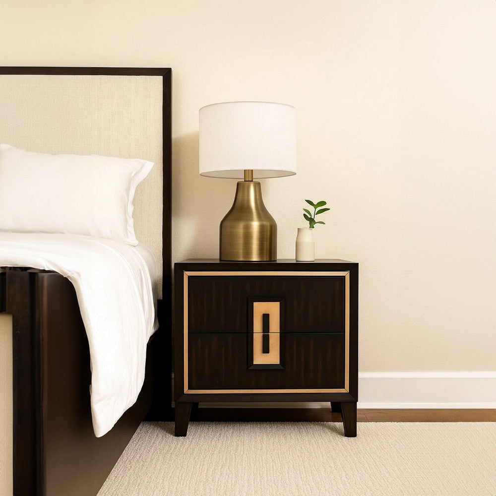 Yada Nightstand | 2 Drawers | Espresso Brown Solid Wood | Gold | 27"