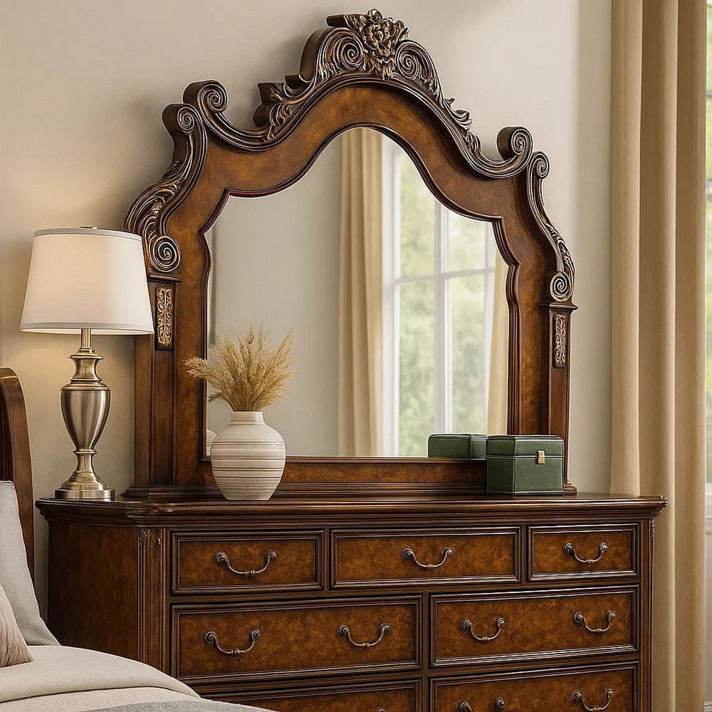 Iliana Dresser Mirror | Beveled Glass | Ornate Oak & Dark Cherry Brown | 48x54