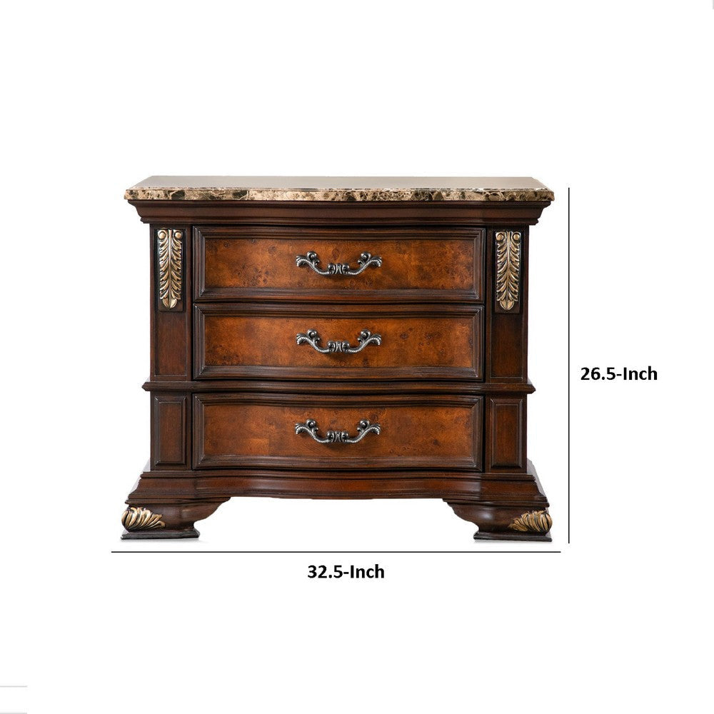 Iliana Nightstand | 3 Drawers | Ornate Oak & Dark Cherry Brown | 33’’ BM340921