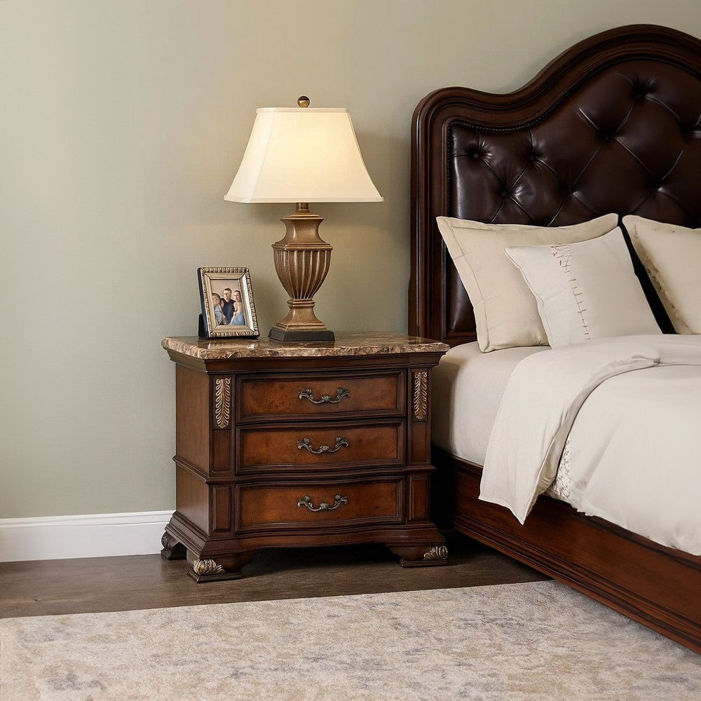 Iliana Nightstand | 3 Drawers | Ornate Oak & Dark Cherry Brown | 33"