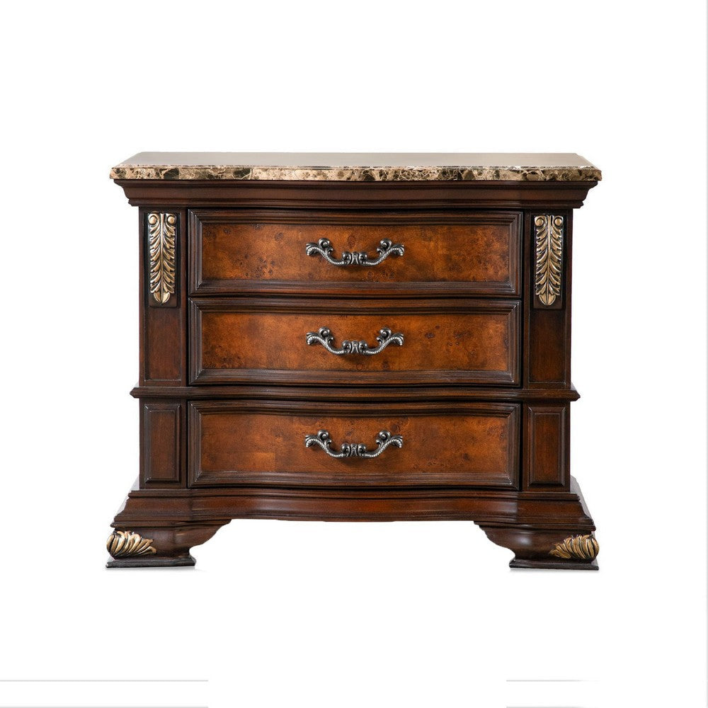 Iliana Nightstand | 3 Drawers | Ornate Oak & Dark Cherry Brown | 33’’ BM340921