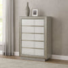 Vino 5 Drawer Tall Dresser Chest | Plinth Base Gray Wood w Silver Trim
