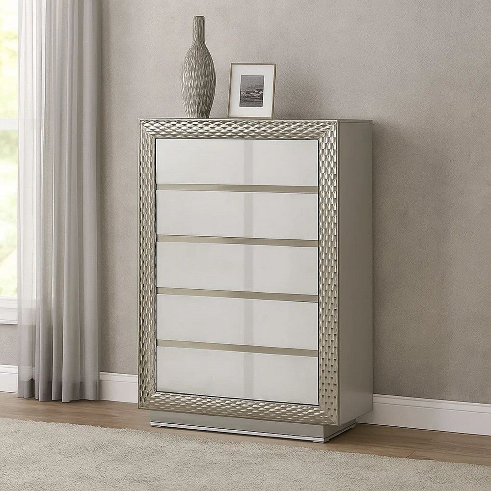 Vino 5 Drawer Tall Dresser Chest | Plinth Base Gray Wood w Silver Trim