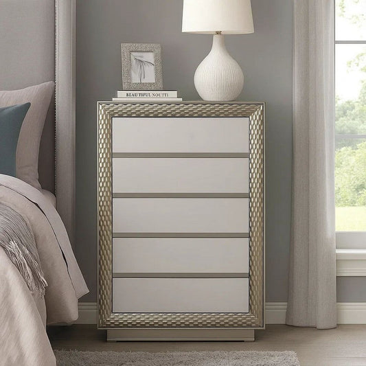 Vino 5 Drawer Tall Dresser Chest | Plinth Base Gray Wood w Silver Trim