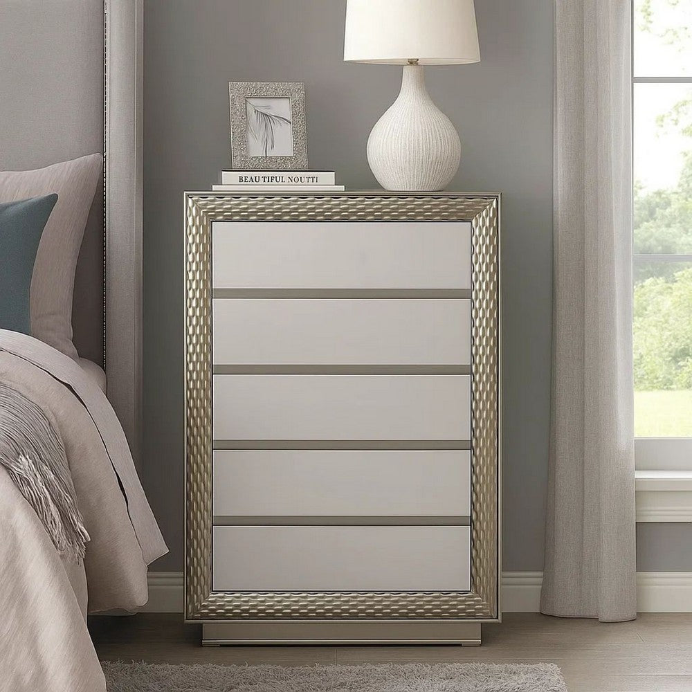 Vino 5 Drawer Tall Dresser Chest | Plinth Base Gray Wood w Silver Trim