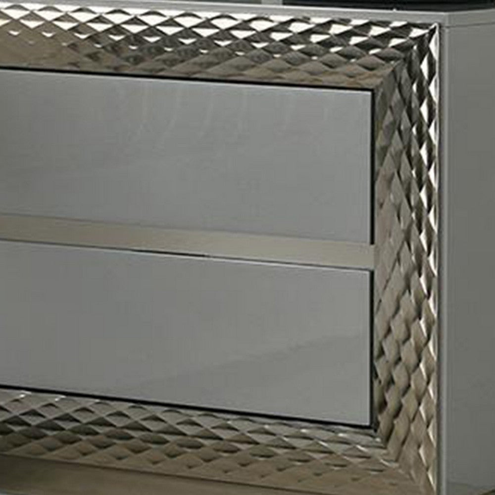 Vino 2 Drawer Nightstand | Plinth Base Gray Wood wity Silver Trim BM340923