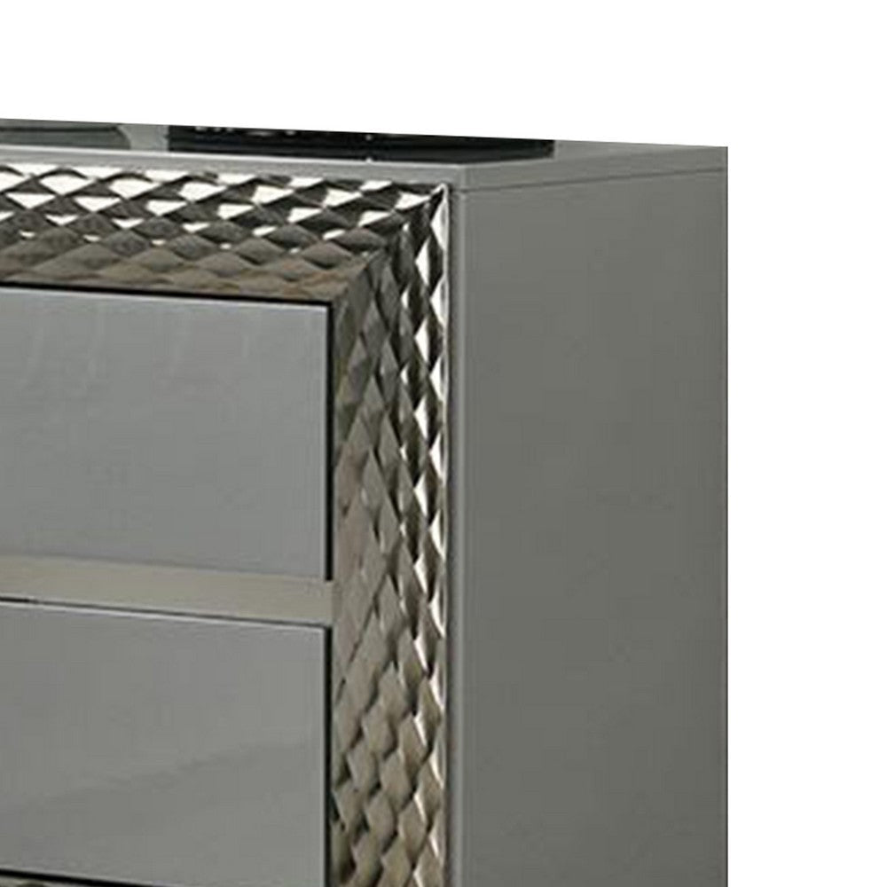 Vino 2 Drawer Nightstand | Plinth Base Gray Wood wity Silver Trim BM340923