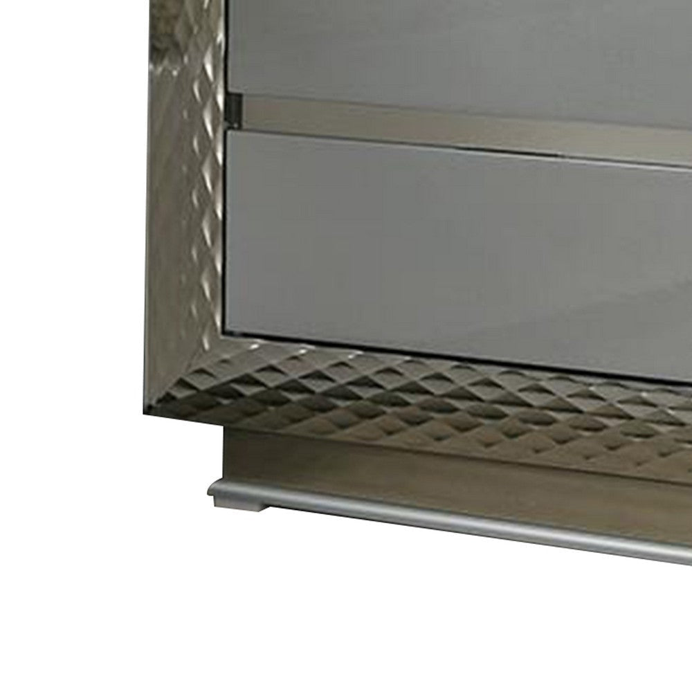 Vino 2 Drawer Nightstand | Plinth Base Gray Wood wity Silver Trim BM340923