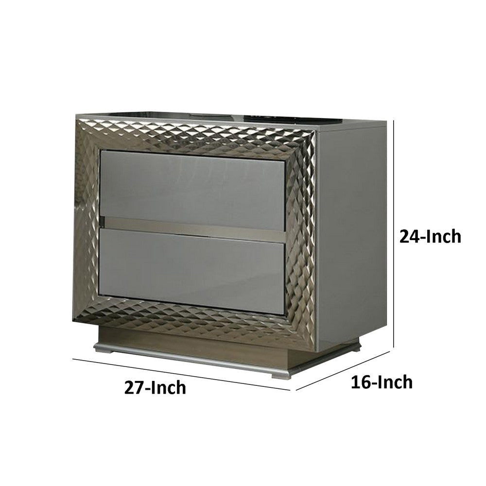 Vino 2 Drawer Nightstand | Plinth Base Gray Wood wity Silver Trim BM340923