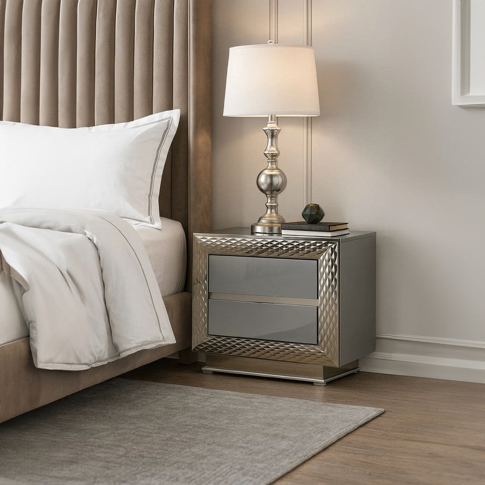 Vino 2 Drawer Nightstand | Plinth Base Gray Wood wity Silver Trim BM340923