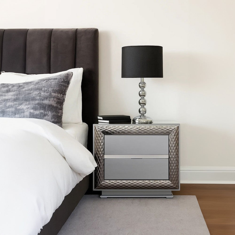 Vino 2 Drawer Nightstand | Plinth Base Gray Wood wity Silver Trim