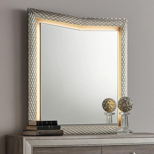 Vino 41 x 44 Dresser Mirror w LED | Glam Gray Wood | Silver Trim BM340924