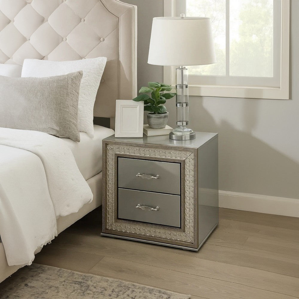 Cyl Nightstand w 2 Drawers | Scale Molding Trim | Metallic Gray Wood BM340925
