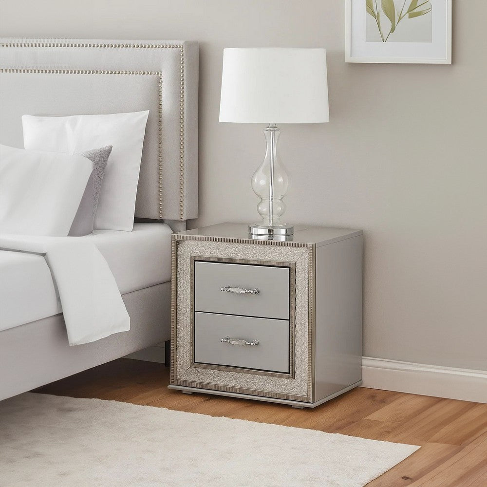 Cyl Nightstand w 2 Drawers | Scale Molding Trim | Metallic Gray Wood BM340925