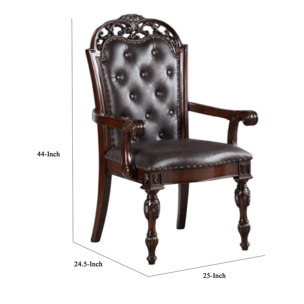 Eva Carved Dining Armchair Set of 2, Brown Tufted Faux Leather, Cherry