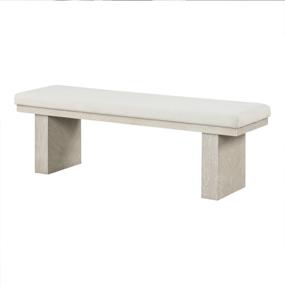 Hagy Dining Bench | 59" | Panel Rubberwood Base | White Fabric Padded Seat
