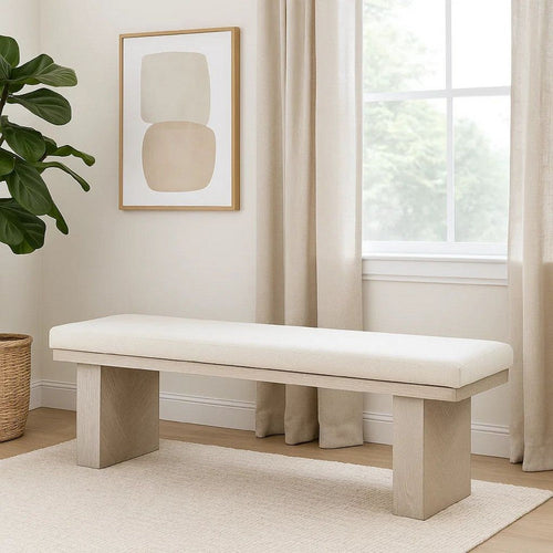 Hagy Dining Bench | 59" | Panel Rubberwood Base | White Fabric Padded Seat