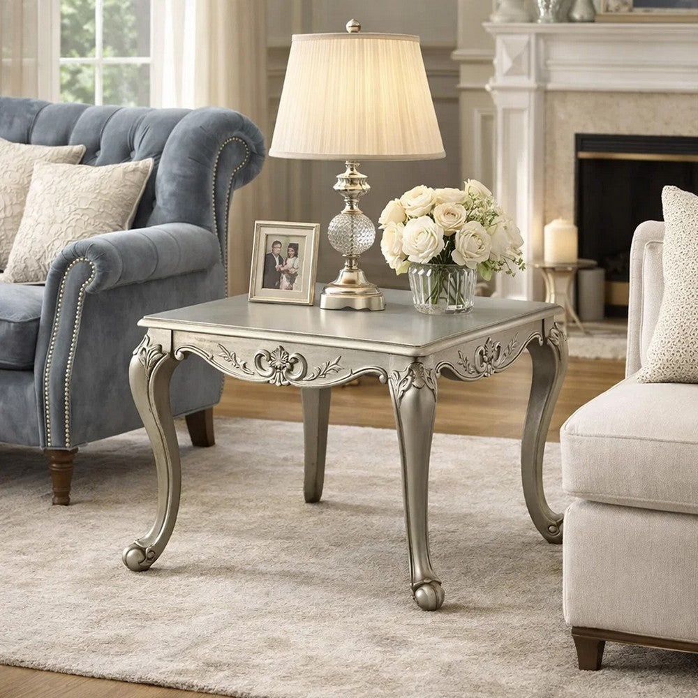 Miz Side End Table | 28" | Carved Cabriole Legs | Champagne Silver