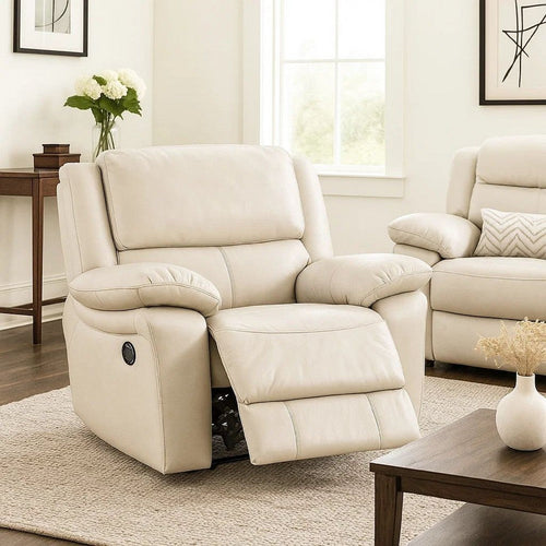 Larus Manual Recliner Chair | Pillow Top Arms | Off White Leather Match