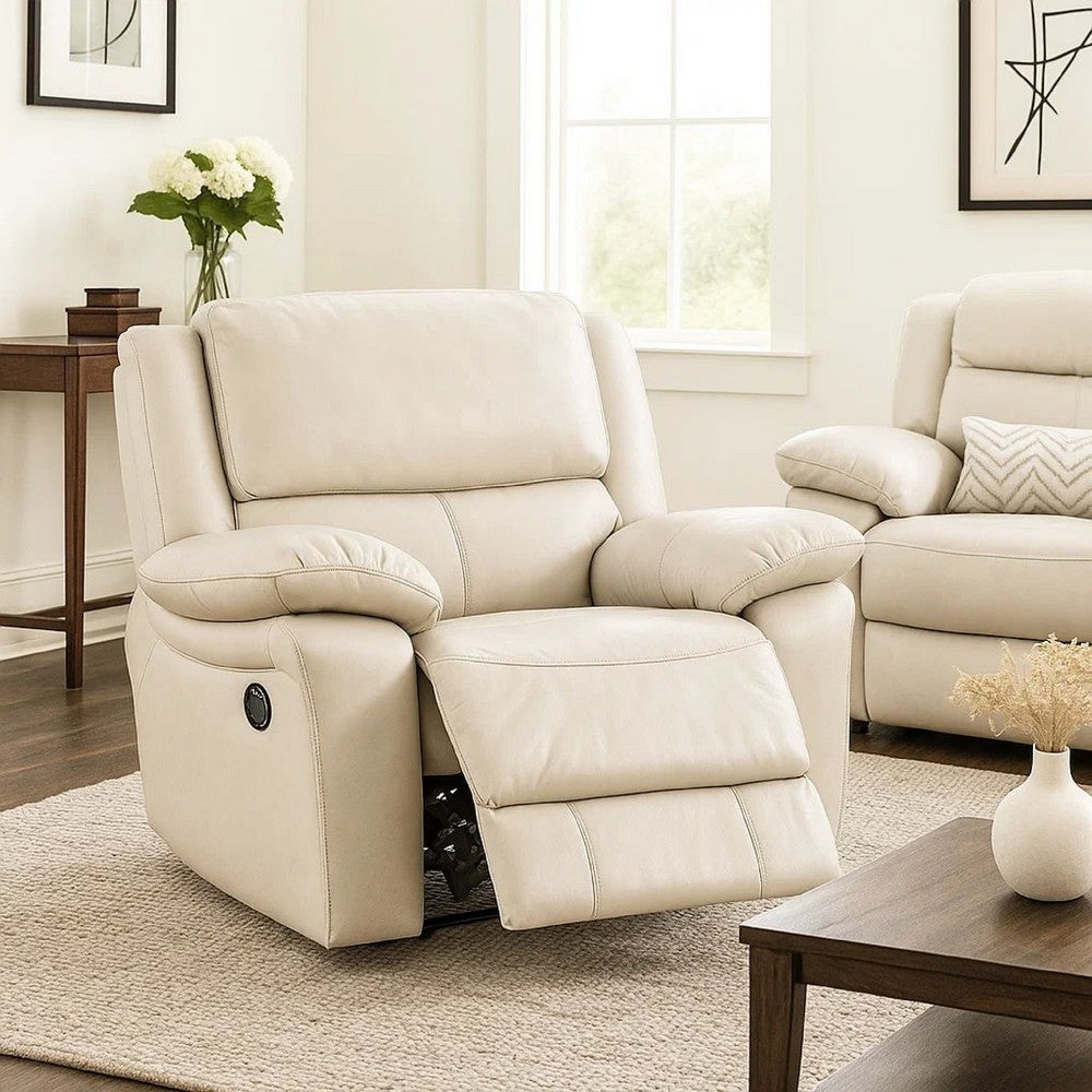 Larus Manual Recliner Chair | Pillow Top Arms | Off White Leather Match