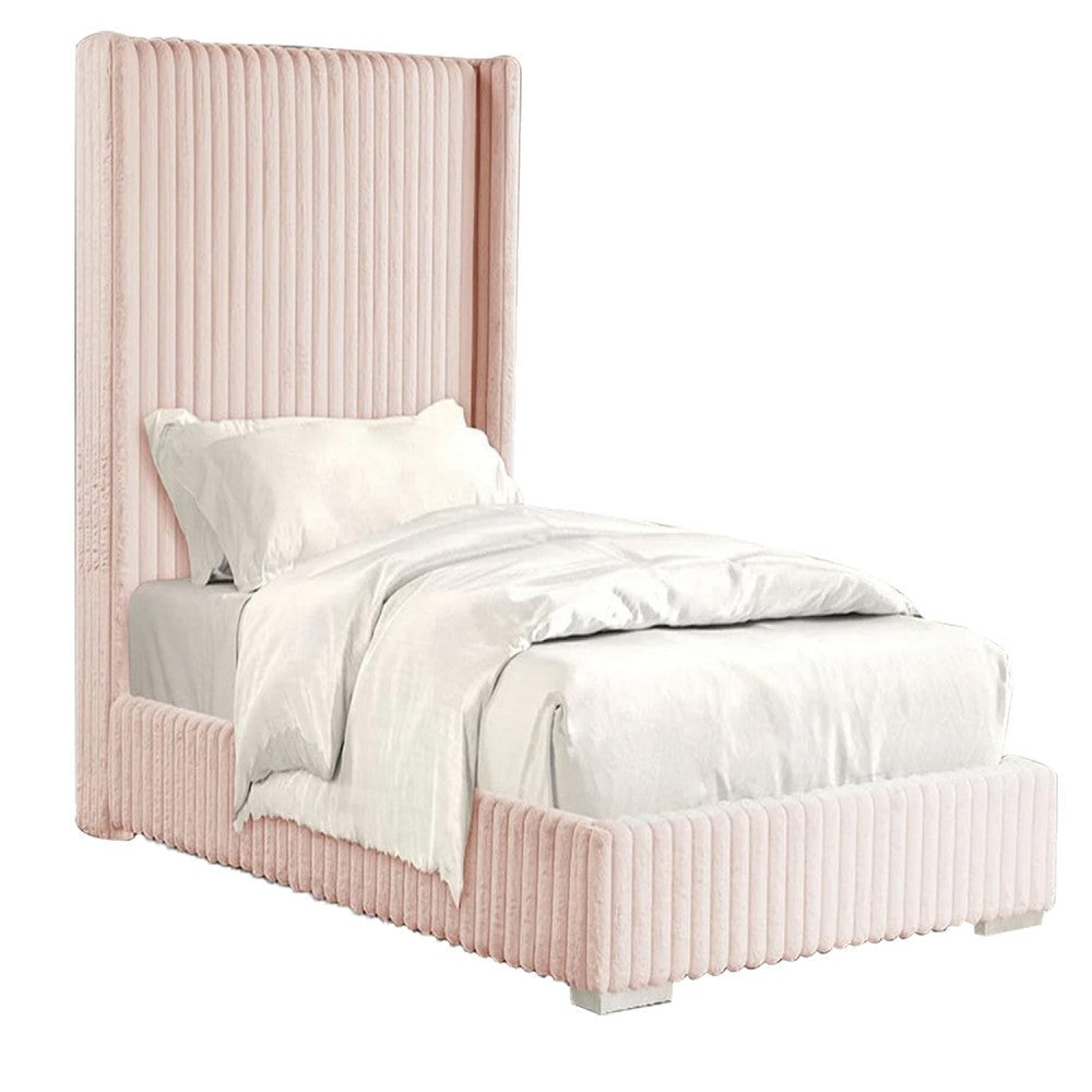 Wolo Twin Size Bed | Pink Channel Tufted Fur Chenille Upholstery