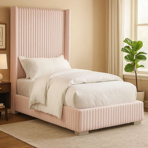Wolo Twin Size Bed | Pink Channel Tufted Fur Chenille Upholstery