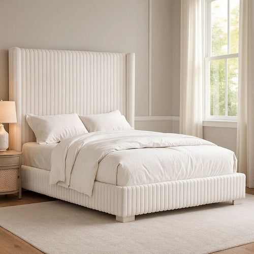 Wolo King Size Bed | White Channel Tufted Fur Chenille Upholstery