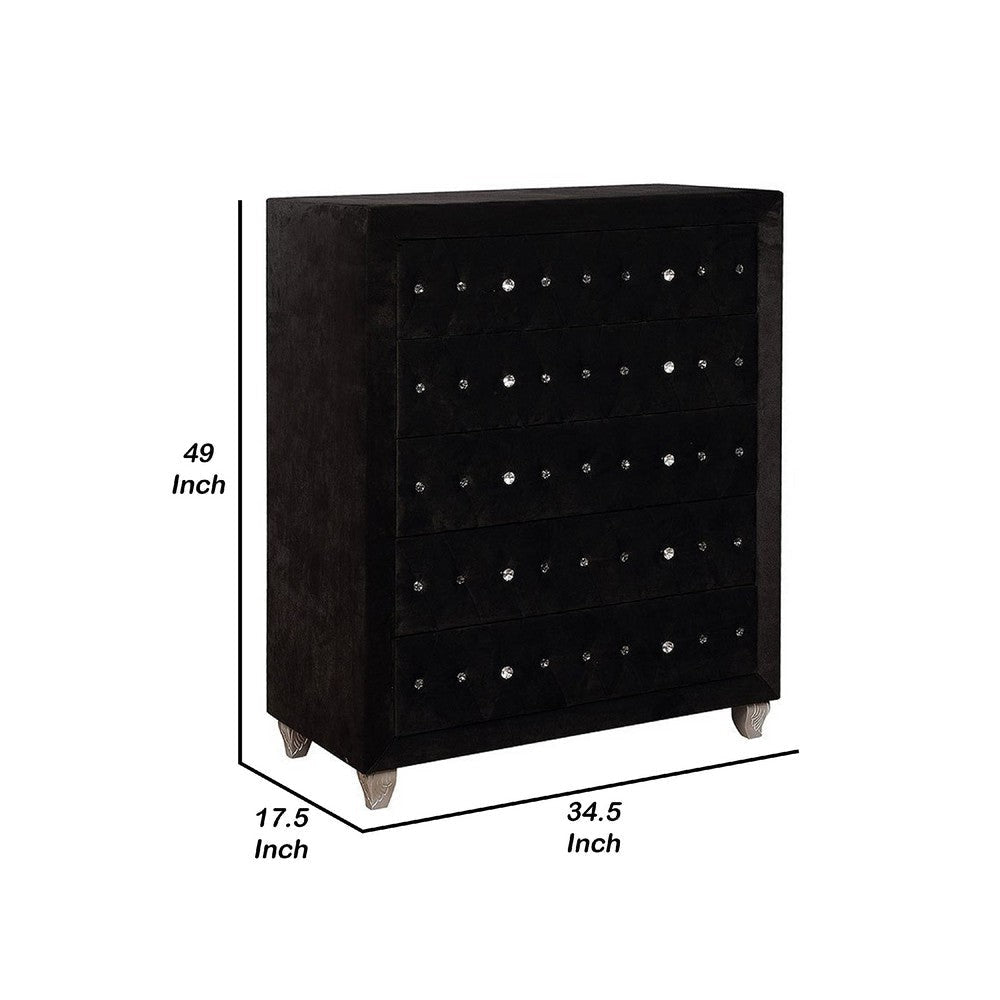 Rea Tall Dresser Chest | 5 Drawers w Crystal Knobs | Black Velvet Upholstery BM340971