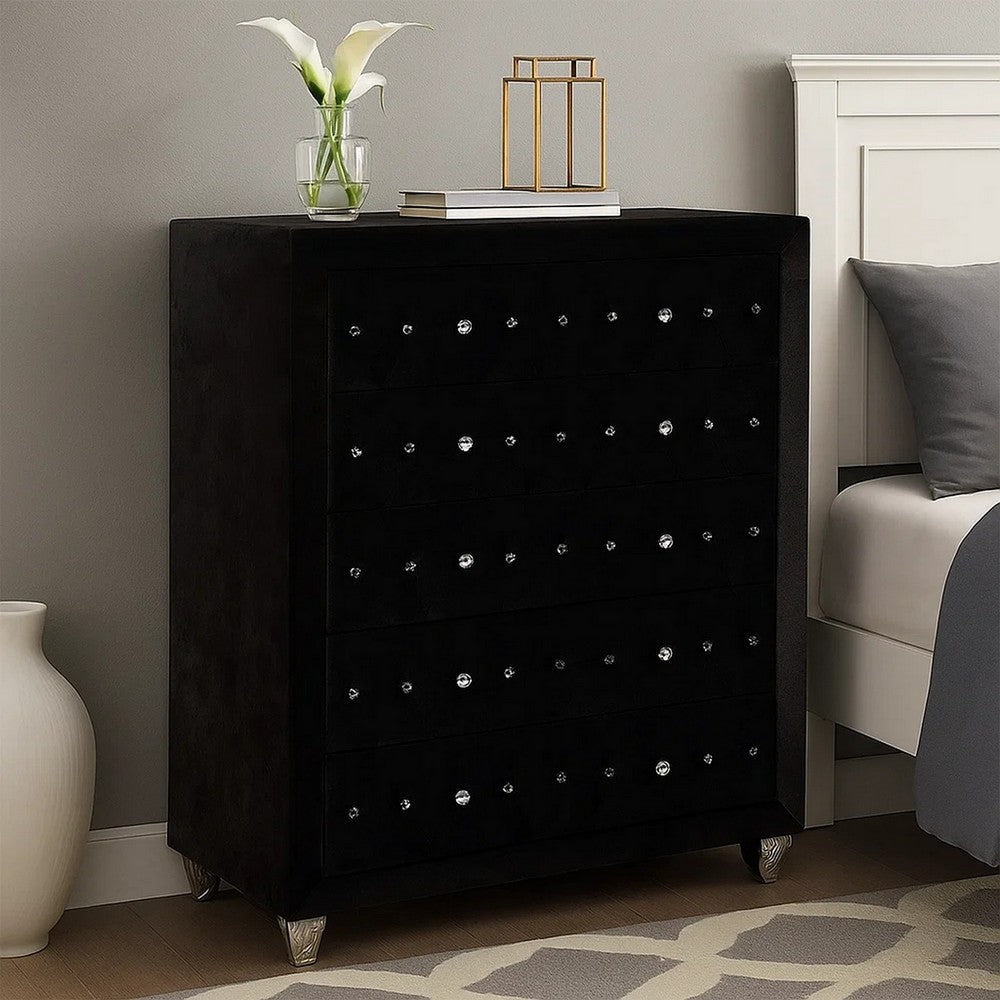 Rea Tall Dresser Chest | 5 Drawers w Crystal Knobs | Black Velvet Upholstery BM340971