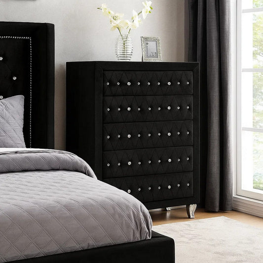 Rea Tall Dresser Chest | 5 Drawers w Crystal Knobs | Black Velvet Upholstery