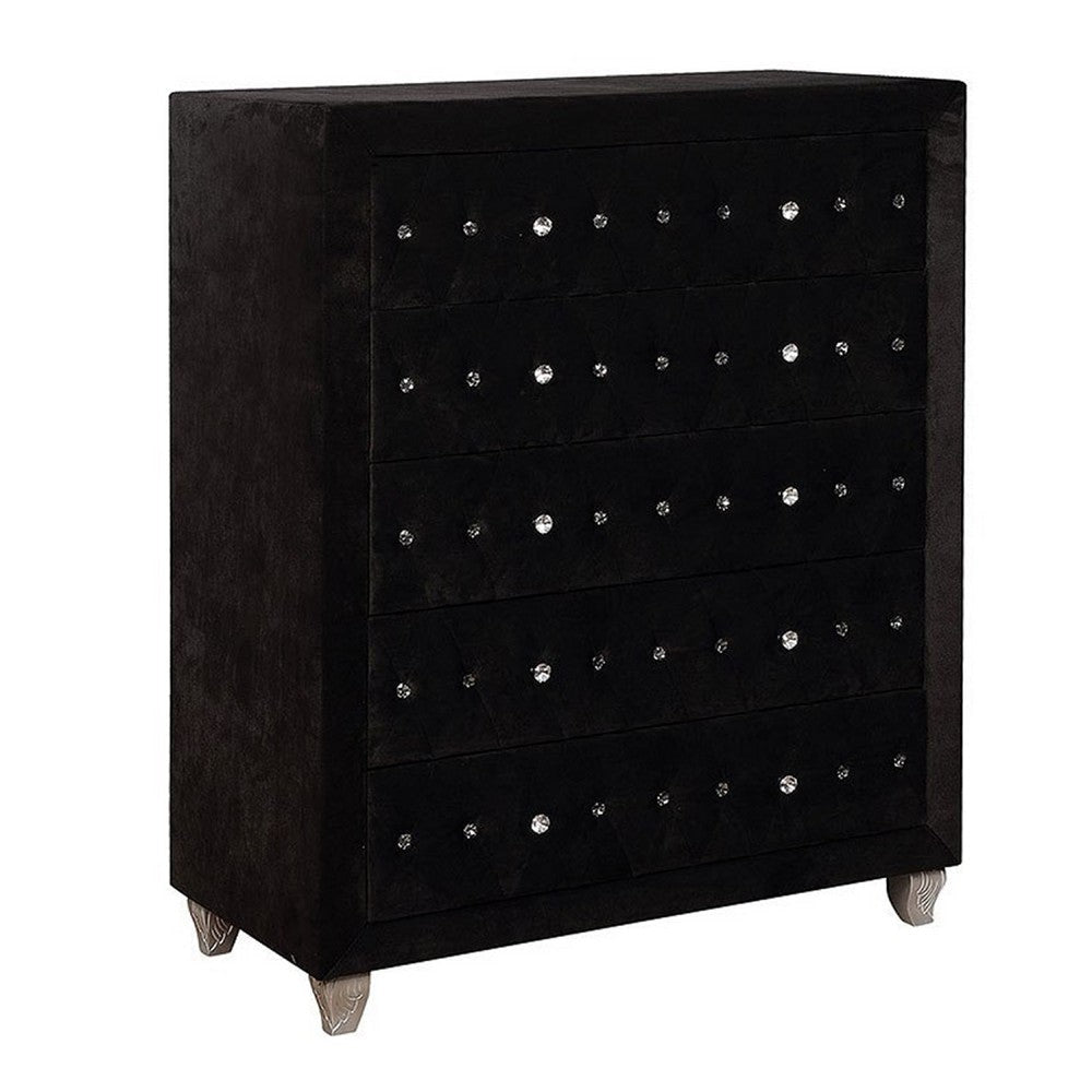 Rea Tall Dresser Chest | 5 Drawers w Crystal Knobs | Black Velvet Upholstery BM340971