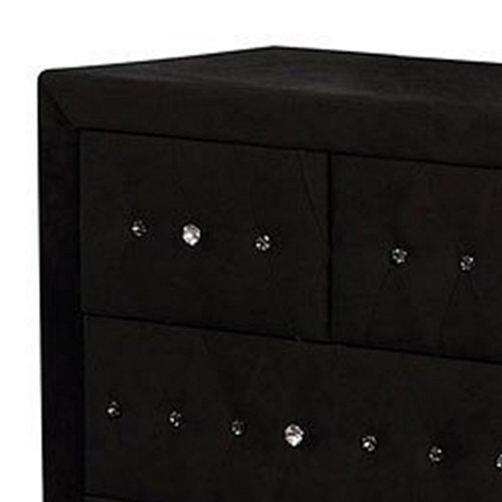 Rea Wide Dresser | 7 Drawers w Crystal Knobs | Black Velvet Upholstery BM340972