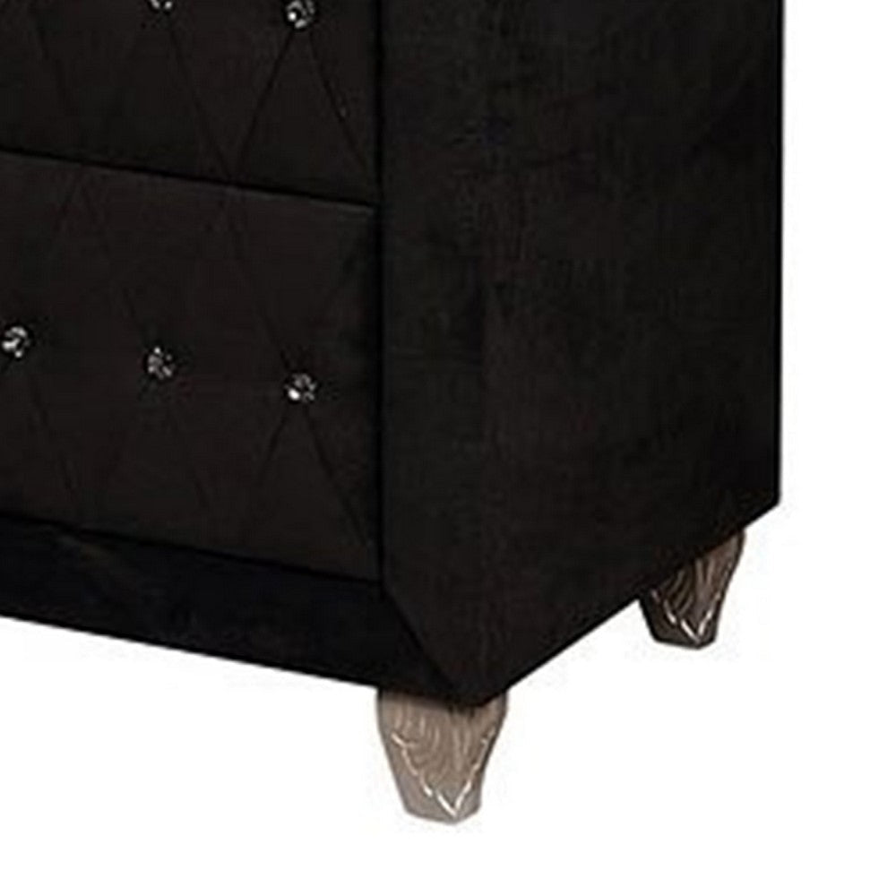 Rea Wide Dresser | 7 Drawers w Crystal Knobs | Black Velvet Upholstery BM340972