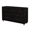 Rea Wide Dresser | 7 Drawers w Crystal Knobs | Black Velvet Upholstery BM340972