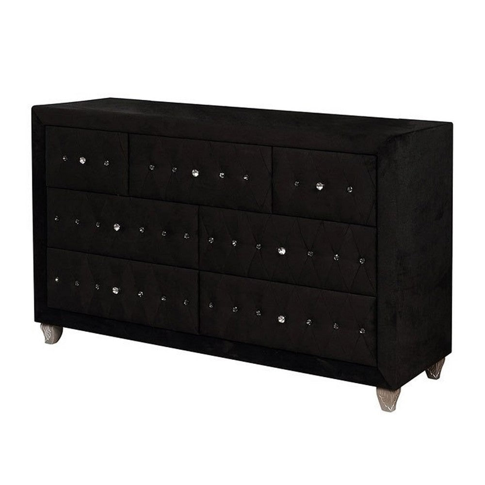 Rea Wide Dresser | 7 Drawers w Crystal Knobs | Black Velvet Upholstery BM340972