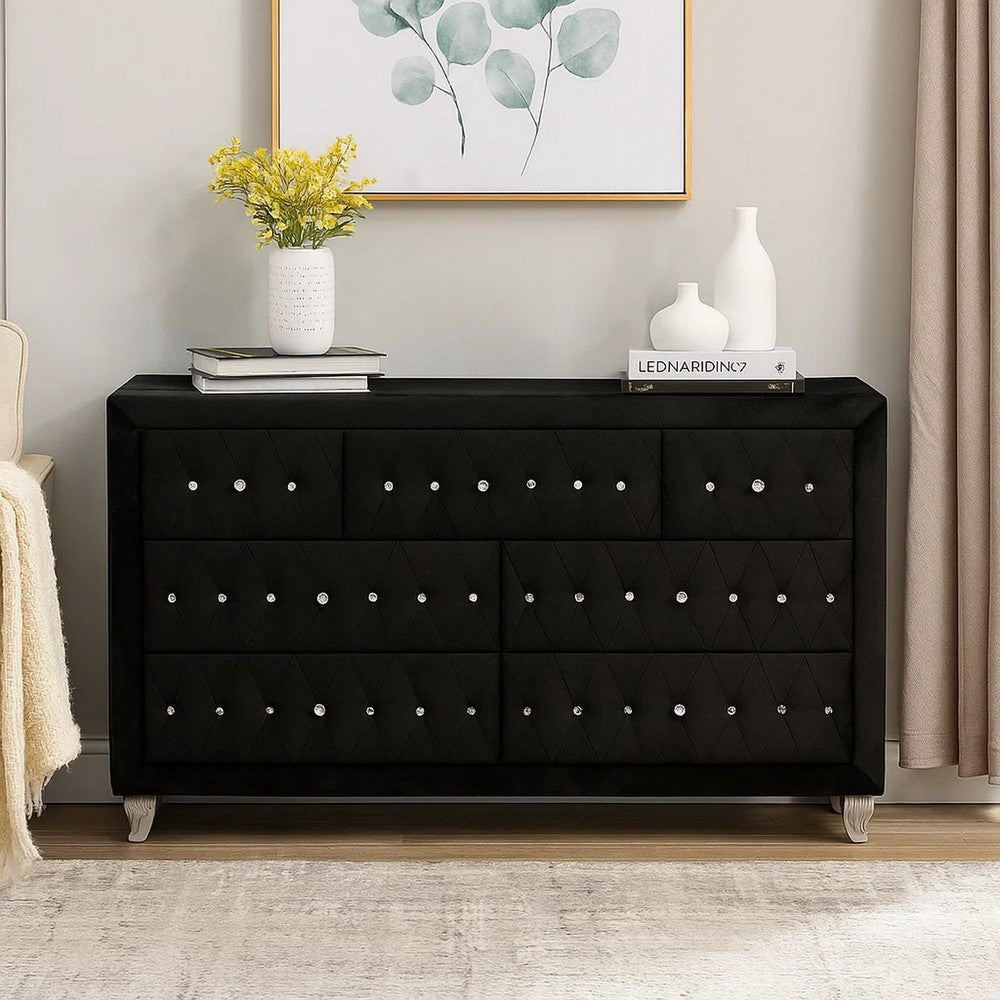 Rea Wide Dresser | 7 Drawers w Crystal Knobs | Black Velvet Upholstery BM340972