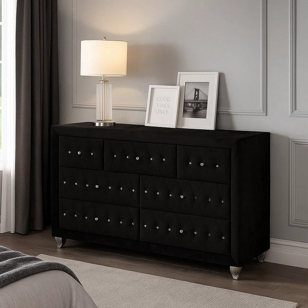 Rea Wide Dresser | 7 Drawers w Crystal Knobs | Black Velvet Upholstery