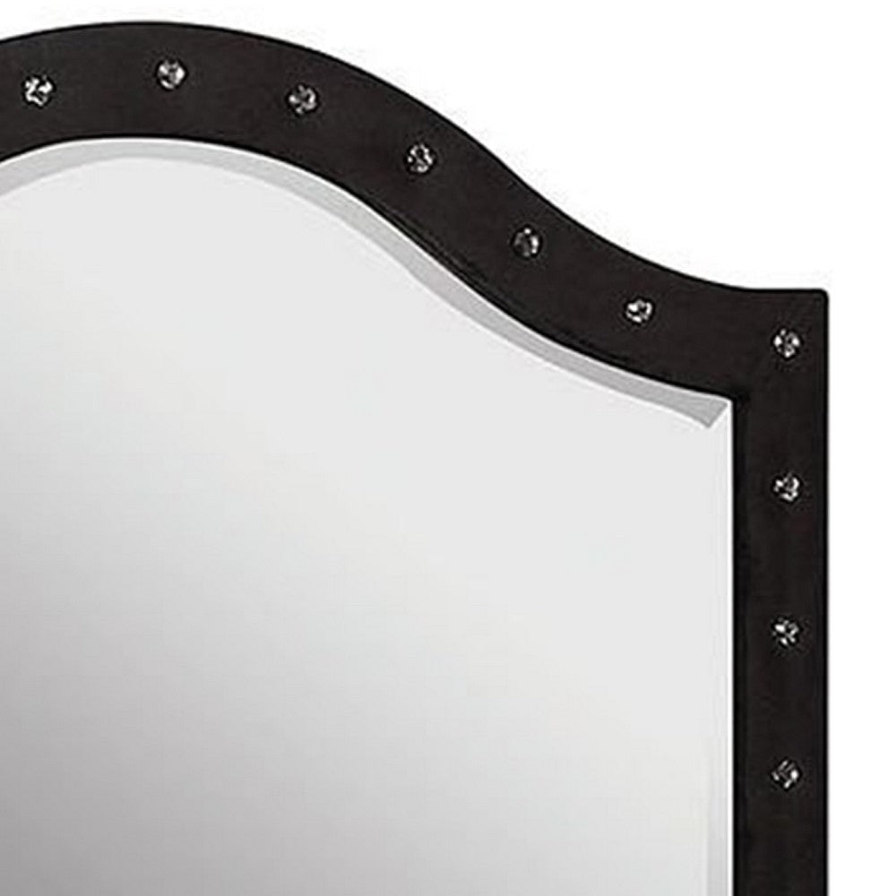 Rea Dresser Vanity Mirror | Crystal Tufted Black Velvet Upholstered Arched Frame BM340973