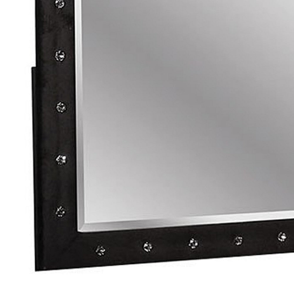 Rea Dresser Vanity Mirror | Crystal Tufted Black Velvet Upholstered Arched Frame BM340973