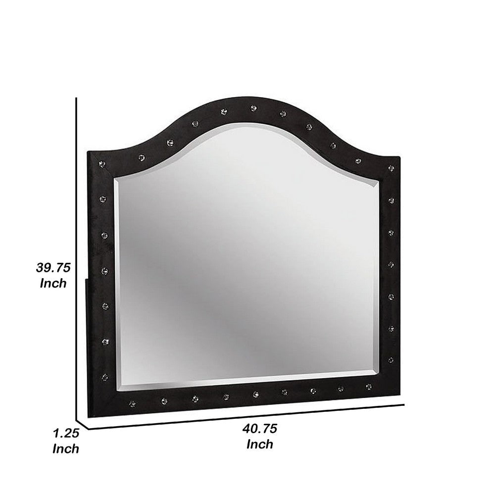 Rea Dresser Vanity Mirror | Crystal Tufted Black Velvet Upholstered Arched Frame BM340973