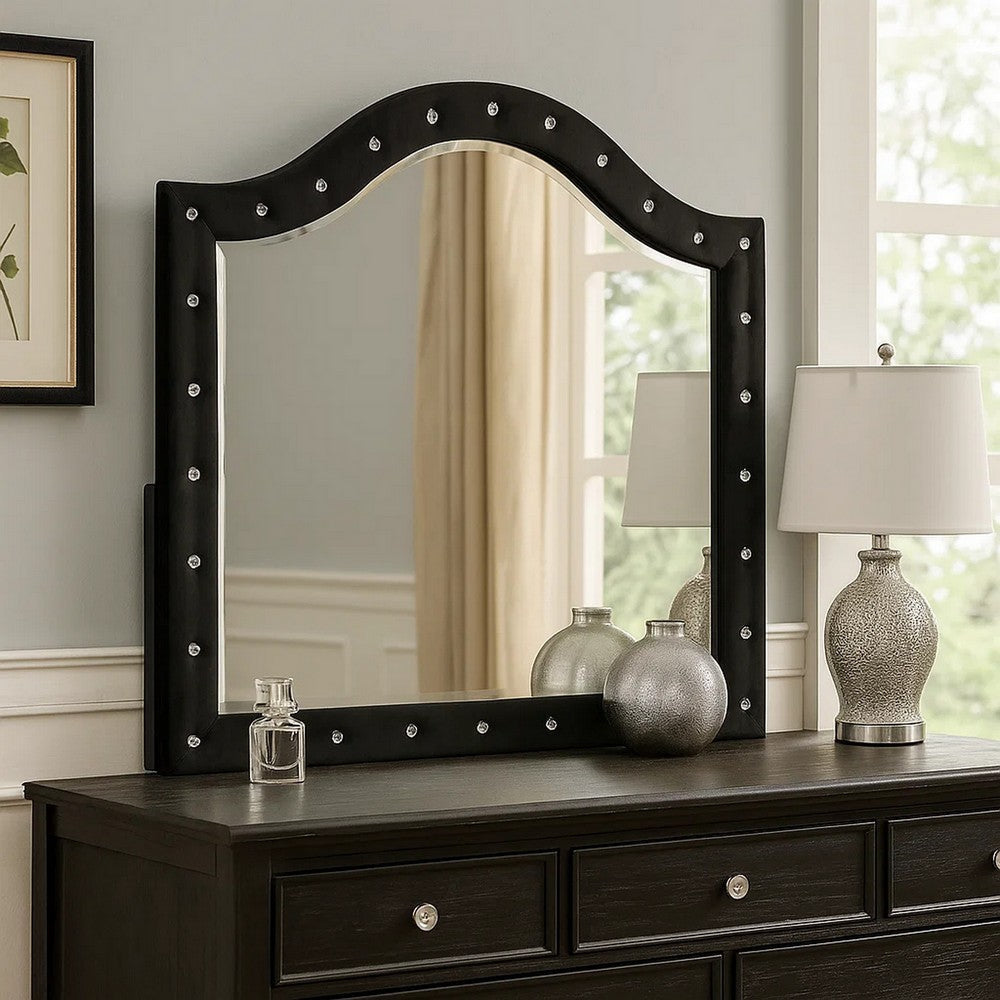 Rea Dresser Vanity Mirror | Crystal Tufted Black Velvet Upholstered Arched Frame BM340973