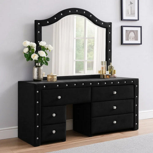 Rea Dresser Vanity Mirror | Crystal Tufted Black Velvet Upholstered Arched Frame BM340973