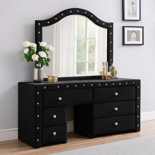 Rea Dresser Vanity Mirror | Crystal Tufted Black Velvet Upholstered Arched Frame BM340973
